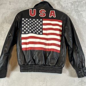 Vtg USA Black Leather Bomber Style Lined American Flag Embroidered  Jacket S